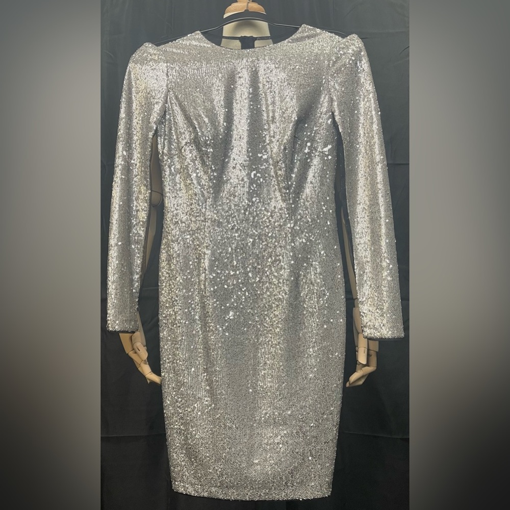 Gianni Bini Silver Sequin Mini Gown with Sheer Back